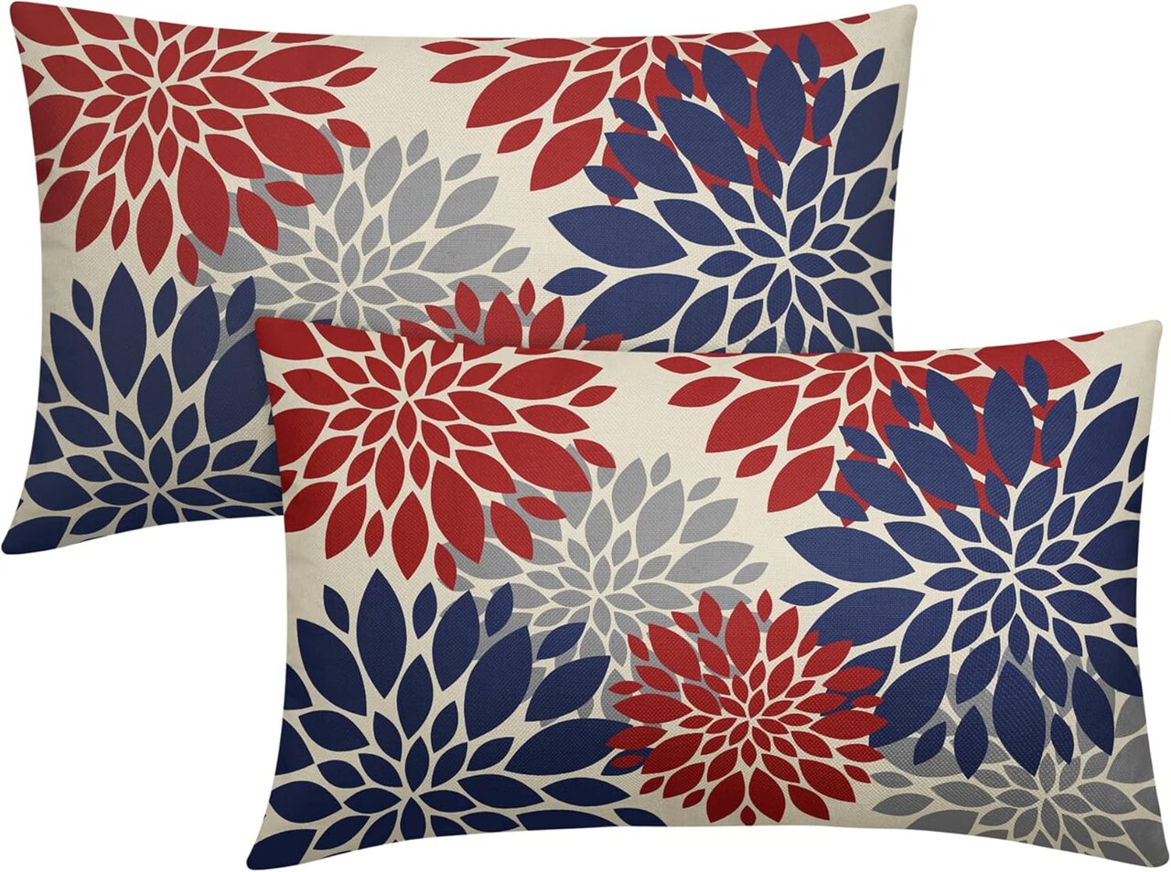 Set of 2 12×20 Inch 4th of July Pillow Covers – Patriotic Blue, Red, and Grey Dahlia Floral Print, Decorative Rectangle Throw Pillow Cases for Outdoor, Farmhouse, Couch, Sofa, or Bed Décor